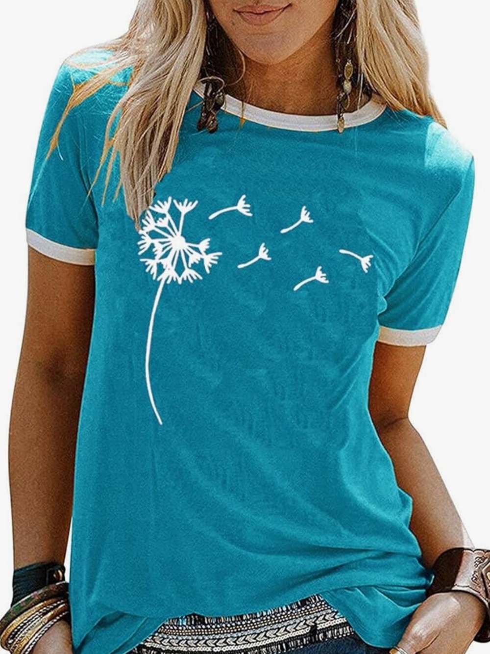 Chic Nation Teal Ringer Tee with White Dandelion Graphic
